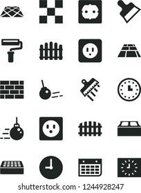 Solid Black Vector Icon Set - paint roller vector, brickwork, big core, power socket type b, f, tile, brick, building block, putty knife, spatula, fence, hedge, paving slab, pavement, wall clock