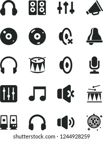 Solid Black Vector Icon Set - bell vector, desktop microphone, horn, loudspeaker, silent mode, drumroll, drum, headphones, regulator, volume, no sound, cd, pc speaker, note, settings, disco ball