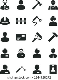 Solid Black Vector Icon Set - builder vector, workman, paint roller, ceramic tiles, construction helmet, hammer, with claw, employee, pass card, operator, welding, gas, woman, man, dispatcher