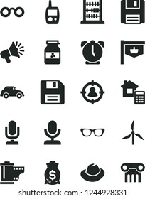 Solid Black Vector Icon Set - desktop microphone vector, floppy disk, hat, camera roll, toy mobile phone, abacus, estimate, alarm clock, jar of jam, windmill, retro car, vintage sign, man in sight