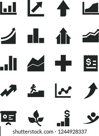 Solid Black Vector Icon Set - upward direction vector, growth up, plus, bar chart, line, graph, leaves, article on the dollar, financial report, carrer stairway, arrow, arrows, pedestal, flying man