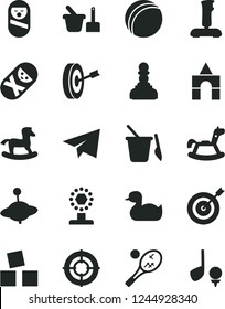 Solid Black Vector Icon Set - paper airplane vector, rubber duck, bath ball, roly poly doll, tumbler, toy sand set, children's, yule, rocking horse, small, cubes for children, box of bricks, cup