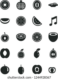 Solid Black Vector Icon Set - music vector, slices of onion, orange slice, half apricot, pomegranate, peach, melon, tangerine, loquat, cherry, passion fruit, kiwi, sour lime, guawa, piece coconut
