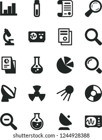 Solid Black Vector Icon Set - magnifier vector, zoom out, negative histogram, artificial satellite, round flask, radiation, dish, antenna, ring diagram, pie charts, statistical research, article