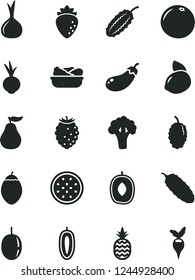 Solid Black Vector Icon Set - lettuce in a plate vector, cucumber, beet, pineapple, raspberry, tasty, mulberry, delicious plum, passion fruit, sweet date, yellow lemon, half of, tamarillo, onion