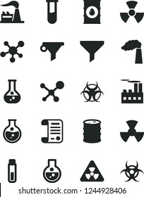 Solid Black Vector Icon Set - round flask vector, manufacture, factory, oil, barrel, industrial building, radiation, filter, water, research article, test tube, molecule, nuclear, biohazard