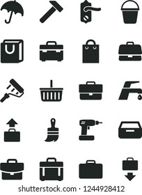 Solid Black Vector Icon Set - briefcase vector, grocery basket, cordless drill, bucket, paint roller, wooden brush, suitcase, door knob, faucet mixer, hammer, case, umbrella, drawer, baggage