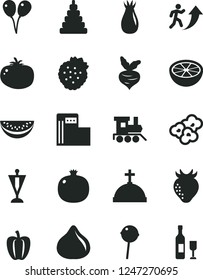 Solid Black Vector Icon Set - stacking toy vector, baby train, colored air balloons, tomato, Chupa Chups, popcorn, strawberries, pomegranate, strawberry, rose hip, fig, water melon slice, beet, wine