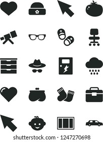 Solid Black Vector Icon Set - heart symbol vector, hat with glasses, storage unit, cloud, warm socks, children's hairdo, child shoes, window frame, portfolio, dangers, tomato, purse, chair, cursor