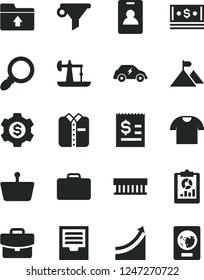 Solid Black Vector Icon Set - archive vector, upload folder, suitcase, T shirt, folded, oil derrick, electric transport, shopping basket, water filter, statistical overview, article on the dollar