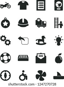 Solid Black Vector Icon Set - new abacus vector, small rocking horse, construction helmet, brick, received letter, delivery, T shirt, move left, guava, fan screw, goal woman, bulb, gears, star medal