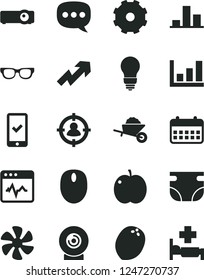 Solid Black Vector Icon Set - truck lorry vector, growth up, nappy, garden trolley, bulb, cardiogram, lens, apple, coconut, marine propeller, man in sight, chart, calendar, speech, mouse, projector