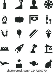 Solid Black Vector Icon Set - woman vector, comb, balloon, planet, fried vegetables on sticks, cone, pumpkin, Construction crane, Glass bottle, vintage sign, fan, flame, rocket, winner stairway