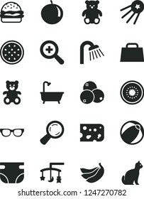 Solid Black Vector Icon Set - zoom vector, toys over the cradle, nappy, baby bath ball, teddy bear, small, shower, piece of cheese, burger, blueberries, tangerine, bananas, half kiwi, passion fruit