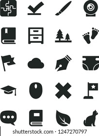 Solid Black Vector Icon Set - Tassel Vector, Cross, Nappy, Footprints, Puzzles, E, Flag, Nightstand, Lens, Leaf, Forest, Speech, Mouse, Cloud, Book, Graduate Hat, Ink Pen, Star, Vote Check, Pets