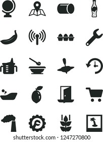 Solid Black Vector Icon Set - measuring cup for feeding vector, children's bathroom, plates and spoons, small yule, star gear, map, globe, bundle of eggs, bottle soda, mint, banana, sour lime, pipe