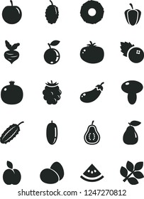 Solid Black Vector Icon Set - eggs vector, mushroom, tomato, blueberries, apple, pomegranate, pear, blackberry, blueberry, mulberry, date fruit, tasty plum, slice of pineapple, part guava, beet