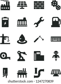 Solid Black Vector Icon Set - brickwork vector, measuring tape, electronic boiler, charging battery, solar panel, gas station, modern, water pipes, hydroelectricity, industrial building, enterprise