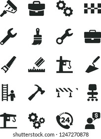 Solid Black Vector Icon Set - briefcase vector, crane, trowel, hand saw, paint roller, wooden brush, drawing, ceramic tiles, road fence, hammer with claw, suitcase, 24, tower, repair key, gears