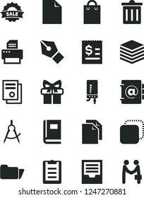 Solid Black Vector Icon Set - bin vector, clean sheet of paper, archive, electronic boiler, pile, address book, copy, scribed compasses, article on the dollar, scientific publication, bag, gift