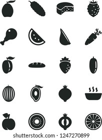 Solid Black Vector Icon Set - cheese vector, loaf, hot porridge, chicken leg, cucumber, garlic, carrot, orange slice, peach, raspberry, medlar, half of, tasty, melon, mango, loquat, date fruit, kiwi