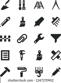 Solid Black Vector Icon Set - paint roller vector, repair key, clip, graphite pencil, new abacus, iron fork spoons, winch hook, trowel, plastic brush, wooden, ladder, writing accessories, spatula