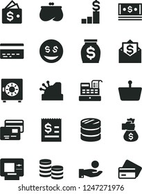 Solid Black Vector Icon Set - bank card vector, strongbox, cards, shopping basket, coins, column of, article on the dollar, catch a coin, purse, money, cash, machine, cashbox, bag hand, pedestal