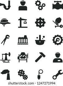 Solid Black Vector Icon Set - workman vector, concrete mixer, adjustable wrench, sewerage, helmet, plummet, star gear, hammer, working oil derrick, valve, manufacture, hydroelectricity, gears