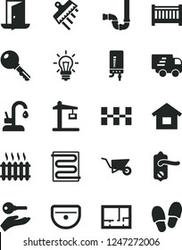 Solid Black Vector Icon Set - baby cot vector, dwelling, building trolley, sink, siphon, lay out of flat, door knob, ceramic tiles, spatula, heating coil, kitchen faucet, electronic boiler, key