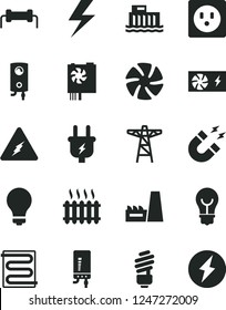Solid Black Vector Icon Set - lightning vector, matte light bulb, saving, heating coil, boiler, electronic, hydroelectric station, power pole, plug, socket, thermal plant, cast iron radiator, fan
