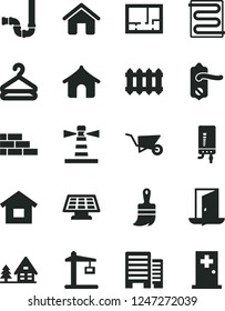 Solid Black Vector Icon Set - house vector, dwelling, brick wall, building trolley, wooden paint brush, siphon, lay out of flat, door knob, buildings, heating coil, new radiator, electronic boiler