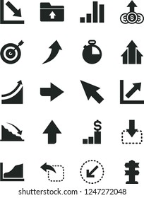 Solid Black Vector Icon Set - upward direction vector, right, growth chart, negative, upload folder, left bottom arrow, timer, move down, bar, recession, cursor, graph, arrows, target, up, signpost