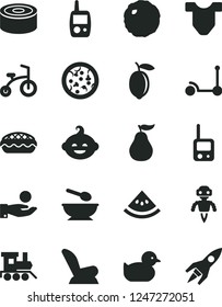 Solid Black Vector Icon Set - Child T shirt vector, car seat, baby duckling, toy phone, mobile, deep plate with a spoon, funny hairdo, train, bicycle, Kick scooter, canned goods, pizza, apple pie