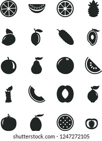 Solid Black Vector Icon Set - cucumber vector, quince, slice of melon, water, half mango, loquat, peach, tangerine, lemon, yellow, juicy, passion fruit, ripe pineapple, grapefruit, guava, apple stub