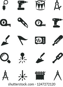 Solid Black Vector Icon Set - wind direction indicator vector, electronic thermometer e, mercury, drum, trowel, building, cordless drill, measuring tape, long meashuring, plummet, stationery knife