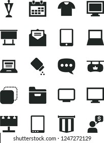 Solid Black Vector Icon Set - laptop vector, monitor, window, calendar, baby powder, received letter, folder, T shirt, copy, antique advertising signboard, billboard with illumination, speech, flag