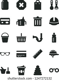 Solid Black Vector Icon Set - bin vector, mark of injury, yardstick, grocery basket, bank card, measuring cup for feeding, bottle, stacking rings, toy sand set, plastic fork spoons, bucket, sewerage