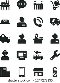 Solid Black Vector Icon Set - repair key vector, speech, smartphone, delivery, phone call, operator, shipment, modern gas station, battery, industrial enterprise, builder, stall, dispatcher, Express