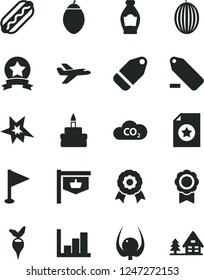 Solid Black Vector Icon Set - remove label vector, pennant, negative histogram, Hot Dog, birthday cake, bottle, melon, tamarillo, physalis, radish, CO2, vintage sign, medal, bang, star ribbon