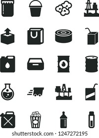 Solid Black Vector Icon Set - measuring bottle for feeding vector, e, packing of juice with a straw, bucket, drawer, bag handles, unpacking, canned goods, popcorn, cup, jam, sea port, round flask