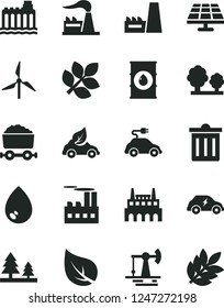 Solid Black Vector Icon Set - bin vector, drop, solar panel, working oil derrick, leaf, windmill, factory, hydroelectricity, trees, forest, industrial building, thermal power plant, eco car, biology