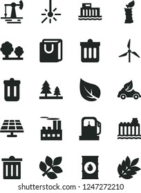 Solid Black Vector Icon Set - bin vector, dust, bag with handles, apple stub, solar panel, working oil derrick, leaf, gas station, windmill, hydroelectric, hydroelectricity, trees, forest, eco car