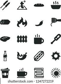 Solid Black Vector Icon Set - electronic thermometer vector e, heating coil, temperature, new radiator, coffee, sausage, loaf, Hot Dog, noodles, porridge, chop, barbecue, chili, cup of tea, flame