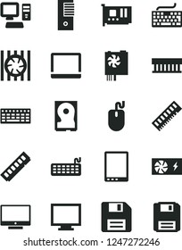 Solid Black Vector Icon Set - floppy disk vector, monitor, keyboard, screen, computer, tablet pc, notebook, radiator fan, mouse, power supply, tower, memory, card, hdd