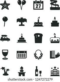 Solid Black Vector Icon Set - daily calendar vector, colored air balloons, cake, birthday, Easter, torte, Chupa Chups, glass, wall, sand castle, wine, car baggage, hotel, palm tree, hawaii wreath