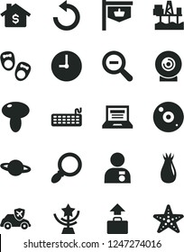 Solid Black Vector Icon Set - laptop vector, zoom out, counterclockwise, shoes for little children, wall clock, planet, lens, mushroom, rose hip, commercial seaport, autopilot, vintage sign, cd