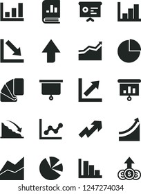 Solid Black Vector Icon Set - upward direction vector, growth up, pie chart, line, graph, negative, histogram, positive, sample of colour, recession, charts, book on statistics, presentation, board