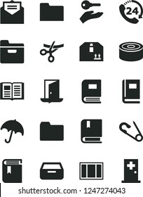 Solid Black Vector Icon Set - folder vector, book, open pin, e, window frame, received letter, umbrella, drawer, cardboard box, 24, canned goods, arm with key, exit door, grand opening, medical room