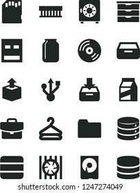 Solid Black Vector Icon Set - folder vector, storage unit, CD, big data, suitcase, put in a box, drawer, strongbox, package, hanger, unpacking, jar, radiator fan, hdd, usb, sd card