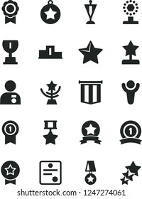 Solid Black Vector Icon Set - star vector, medal, patente, winner, pedestal, award, cup, reward, man with, pennant, ribbon, hero, flag, three stars